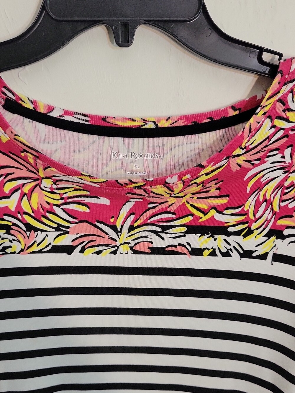 Kim Rogers Pink Floral Yoke with Black & White Stripe Top